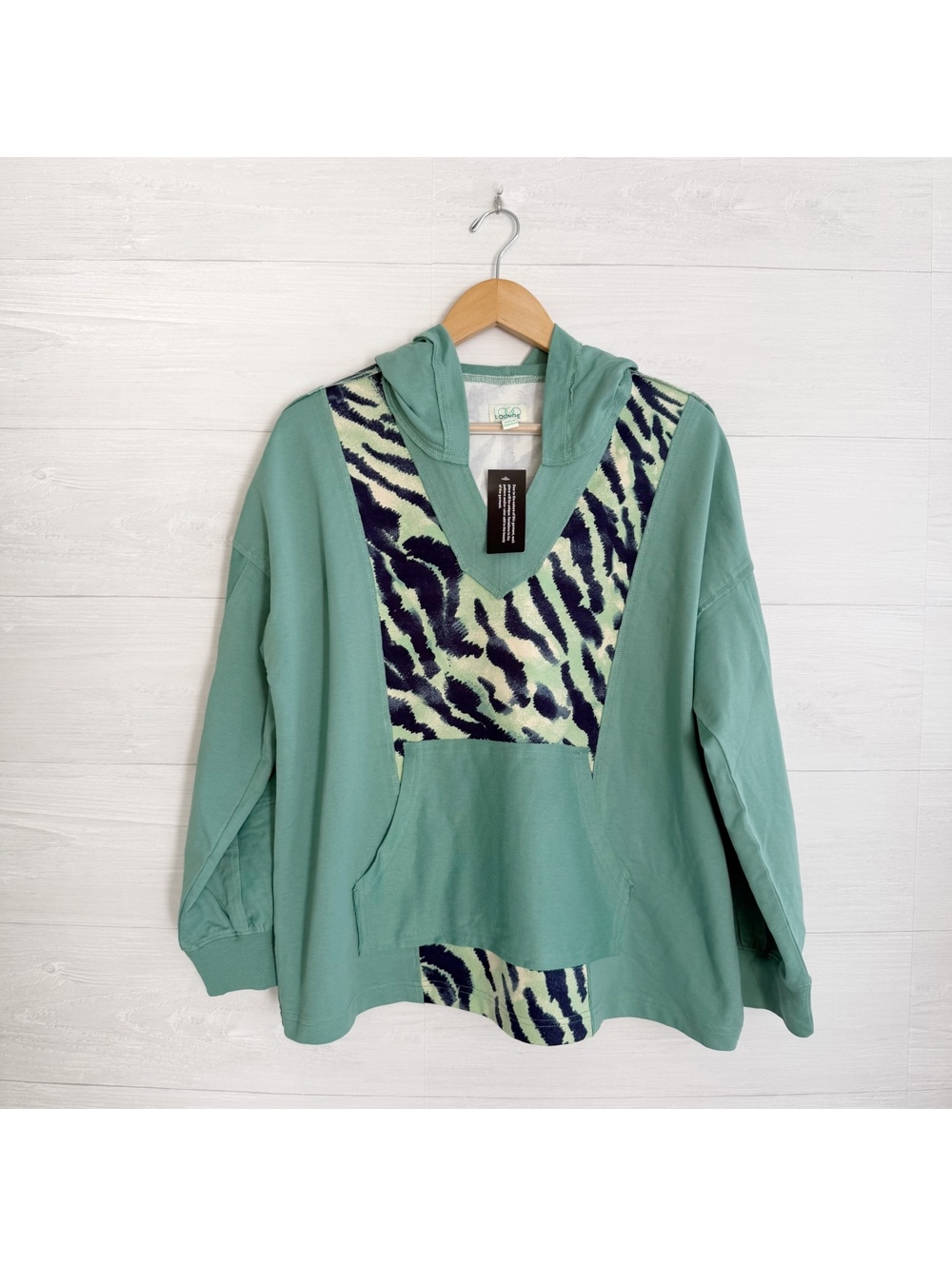 NWT LOGO Lounge Lori Goldstein Hoodie M Green Zebra Print Pullover Cotton